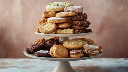 Assorted cookies on tiered stand, kitchen setting, baking, food photography, website use