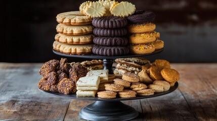 Assorted cookies on tiered stand, wooden table, dark background; perfect for food blogs