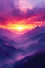 Fototapeta premium Spectacular Mountain Sunset: Majestic mountains are painted with the vibrant hues of a breathtaking sunset, with layers of purples, oranges, and pinks.