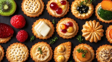 Assorted fruit tarts, dark background, food photography, recipe website