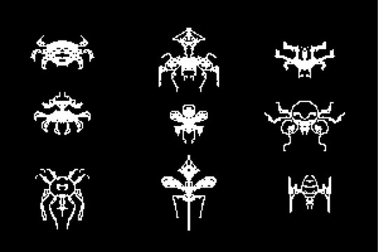 A retro-style pixel icon representing a space game element &mdash; ideal for sci-fi or classic arcade-themed user interfaces