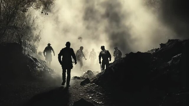 Shadowy figures traverse foggy terrain in dramatic silhouette sequence