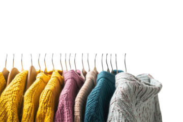 Row of colorful sweaters on hangers