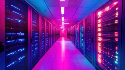 Fototapeta premium A 4K photo of futuristic data center hallway with rows of glowing servers in vibrant pink and blue lighting, ideal for tech promotions, cloud computing ads, and IT.