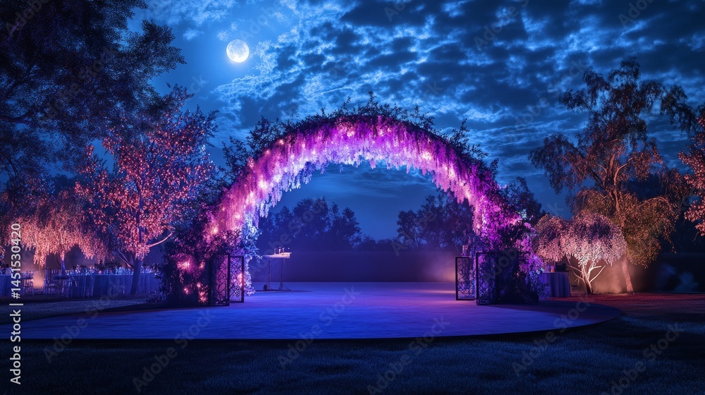 Fototapete A-frame arch with a curved overlay and internal LED lighting creating a soft glow across a moonlit event scene