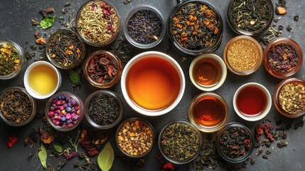 Assorted Teas, Brewing, Top View, Dark Background, Drink Selection