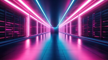Fototapeta premium A 4K photo of futuristic data center hallway with rows of glowing servers in vibrant pink and blue lighting, ideal for tech promotions, cloud computing ads, and IT.