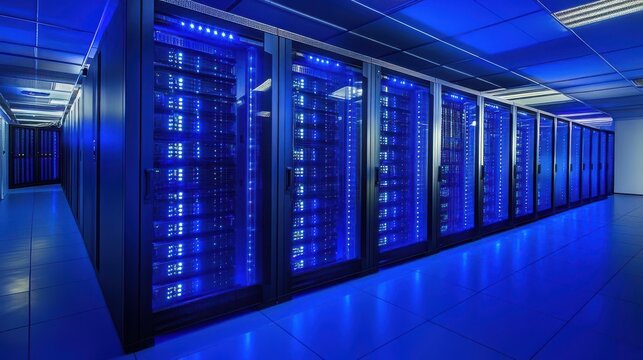 A 4K photo of futuristic data center with glowing blue server racks, illuminated corridors, and advanced technology. Ideal for cybersecurity, cloud computing, IT.