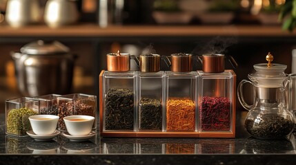 Assorted teas displayed in cafe, steaming cup, kitchen background