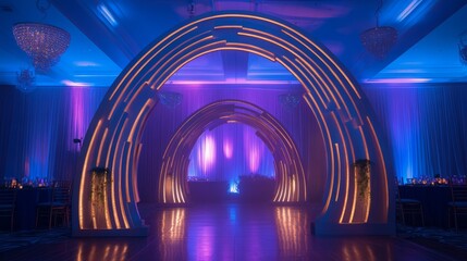 Art-deco inspired event arch with backlighting to emphasize its bold curves and metallic finish