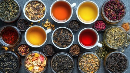 Assorted teas, cups, leaves, overhead view, grey background; food blog, website
