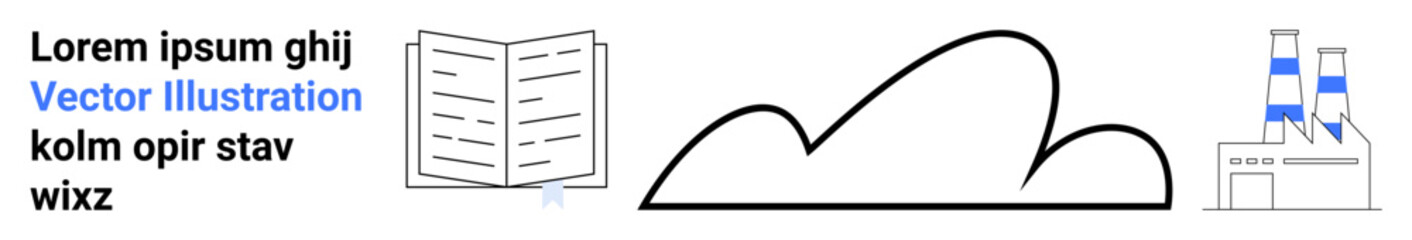 Open book with details, cloud outline, industrial buildings with chimneys, and lorem ipsum text. Ideal for education, environment, industry, sustainability, technology innovation simple landing