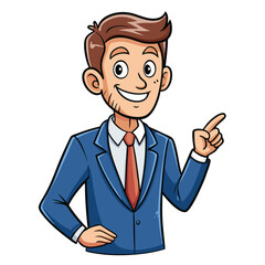 Business man pointing finger at something. Happy face. Hand drawn style vector design illustrations. 