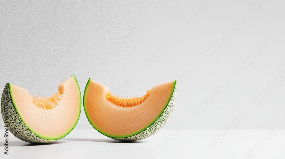 Aufkleber two fresh cantaloupe slices with orange flesh and green rind are placed on white surface against lig