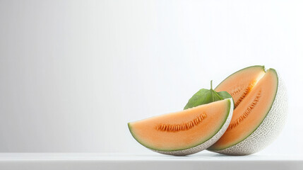 Sliced cantaloupe melon with green leaf on white background fresh juicy orange fruit healthy summer snack minimal style side view copy space natural light refreshing mood
