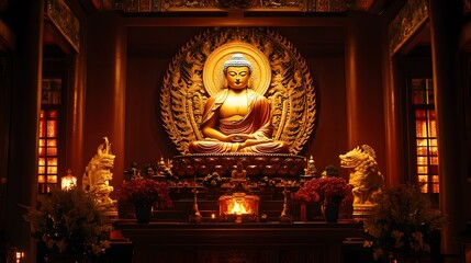 Obraz premium Buddha Tooth Relic Temple lit up in the evening