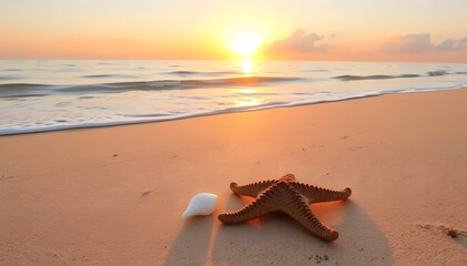 A serene beach scene at sunrise adorned with a starfish and seashell on sandy shore accompanied by calm waves and anticipation of an idyllic summer vacation