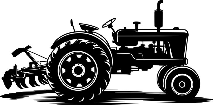 classic tractor with large rear wheels and a plow attachment centered on a completely white background