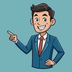 Business man pointing finger at something. Happy face. Hand drawn style vector design illustrations. 