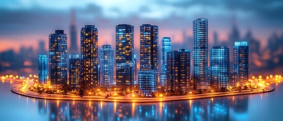 Cityscape Serenity: Modern skyscrapers stand tall against a serene twilight sky, showcasing a captivating city view with illuminated windows and a sense of tranquil urban life.