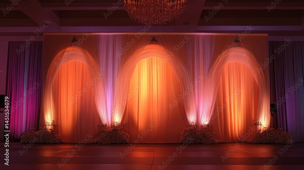 Poster layered arches in a tiered design with gradient lighting accents, adding depth and warmth to a glamo