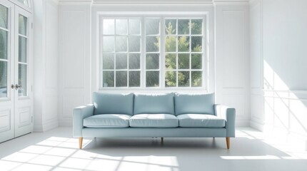 Serene blue sofa basks in sunlit room