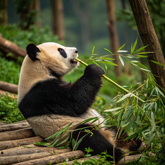 Fototapeta premium A cute, fat giant panda bear, a rare mammal from China, is eating bamboo in the wild