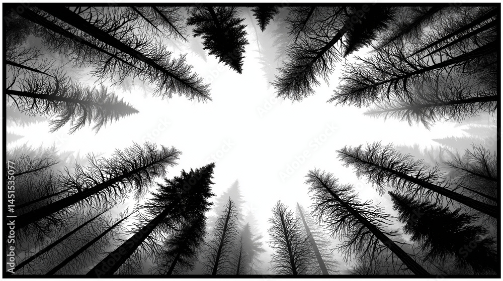 Poster Mysterious monochrome forest scene Tall trees reaching for a bright sky creating a dramatic almost mystical view from