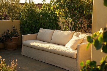 Beige couch in a sunlit outdoor patio area with plants