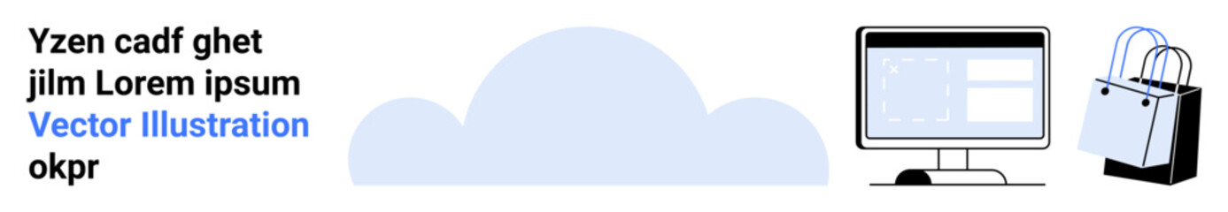 Cloud with a monitor displaying digital tools alongside a shopping bag, symbolizing remote access, e-commerce, and digital solutions. Ideal for technology, cloud service, e-commerce, online business