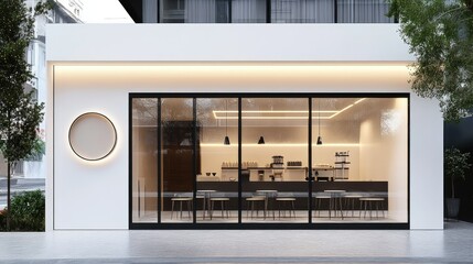Modern coffee shop facade with smooth white wall and full glass frontage, designed for clean lines and visual balance