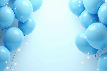 Elegant birthday banner background with an array of realistic blue balloons floating against a light blue to white gradient
