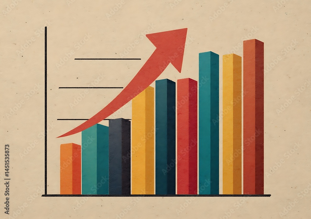 Poster retro style bar graph showing significant growth and progress