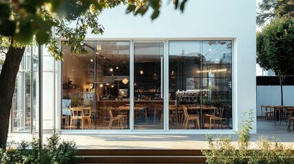 White-walled cafe facade with transparent glass panels, exuding simplicity, modernity, and elegance in daylight