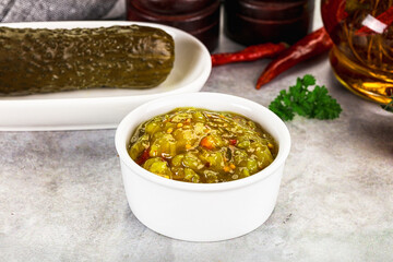 Souce gherkin relish with marinated cucumbers