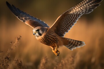 Fototapeta premium A kestrel with wings spread wide soaring through the air in a field during the golden hour light