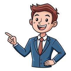 Business man pointing finger at something. Happy face. Hand drawn style vector design illustrations. 