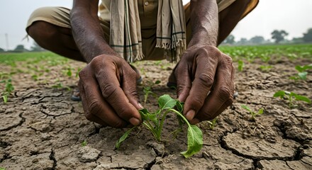 Farmer Tending to Crops in Dry Soil