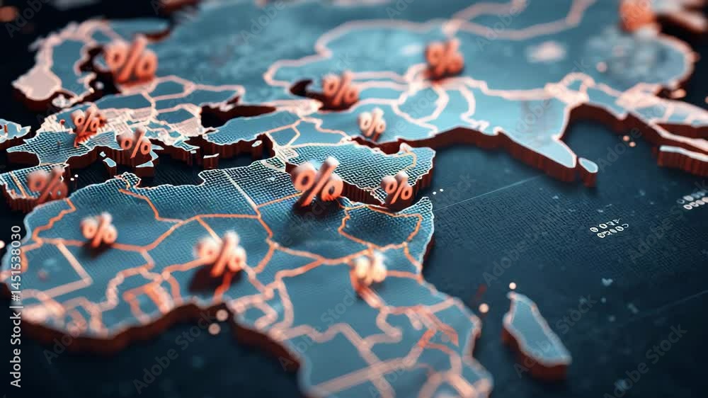Poster detailed 3d map visualization with percentage markers highlighting economic data and geographic regi