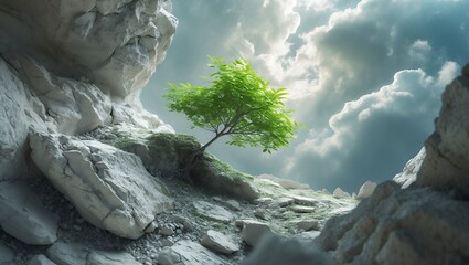 Solitary Tree Grows on Rocky Cliffside Under Cloudy Sky