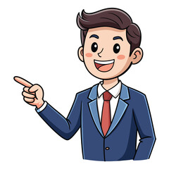 Business man pointing finger at something. Happy face. Hand drawn style vector design illustrations. 