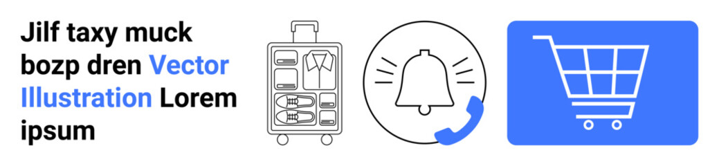 Travel suitcase with open compartments, ringing notification bell, and shopping cart icon. Ideal for online shopping, logistics, travel planning, alerts, e-commerce, notifications simple landing