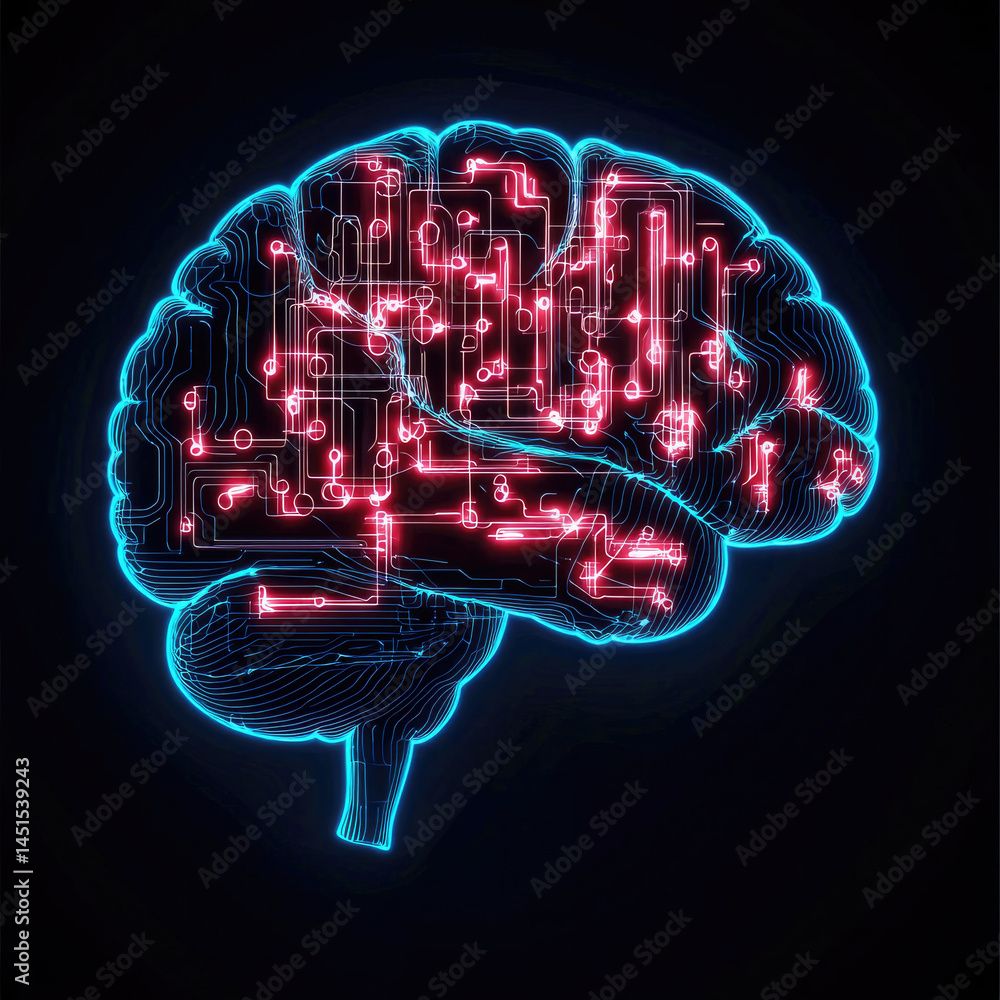 Poster glowing digital brain illustration with neon blue outline and red circuitry, symbolizing artificial 