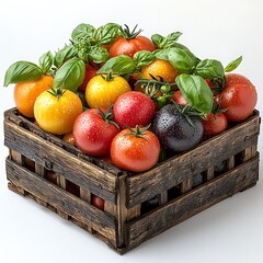 Fresh Tomatoes and Basil in Rustic Crate: A vibrant assortment of ripe tomatoes and fragrant basil leaves, nestled within a rustic wooden crate.