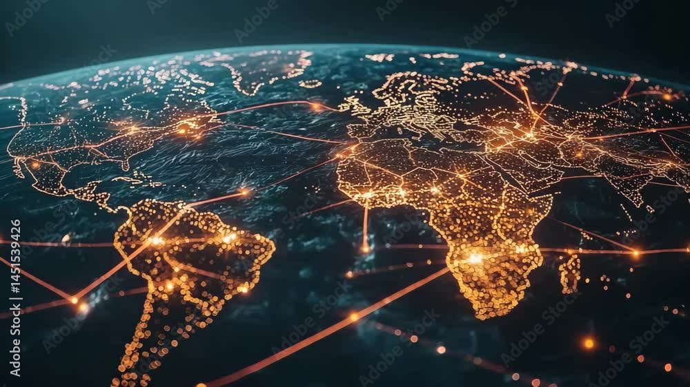 Poster global digital network with connected cities illuminated at night on earth, visualizing data transfe