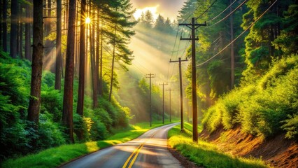 Scenic Mountain Road Forest Photography: Rustic Wooden Telephone Poles, Winding Path, Nature Landscape