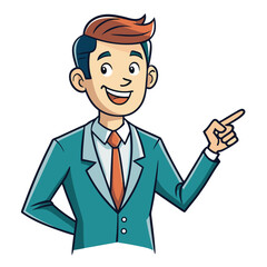 Business man pointing finger at something. Happy face. Hand drawn style vector design illustrations. 