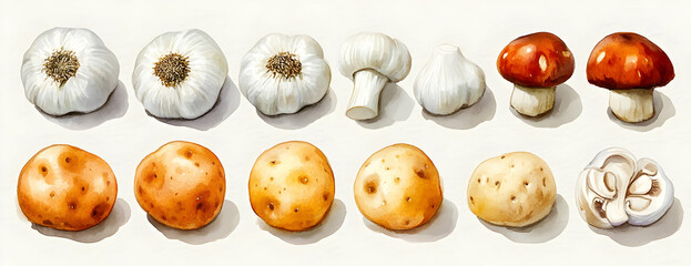 Obraz premium Garlic, potato, mushroom food ingredients