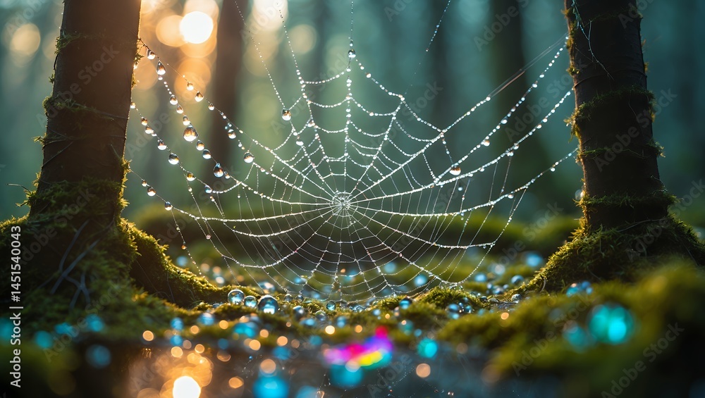 Poster spiderweb with dew drops in forest with soft light