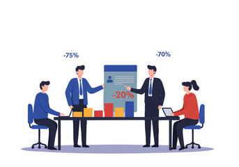 Business team analyzes sales figures with significant discounts displayed. Modern office setting, collaborative discussion, and clear data visualization.  -75% and -70% discounts highlighted.